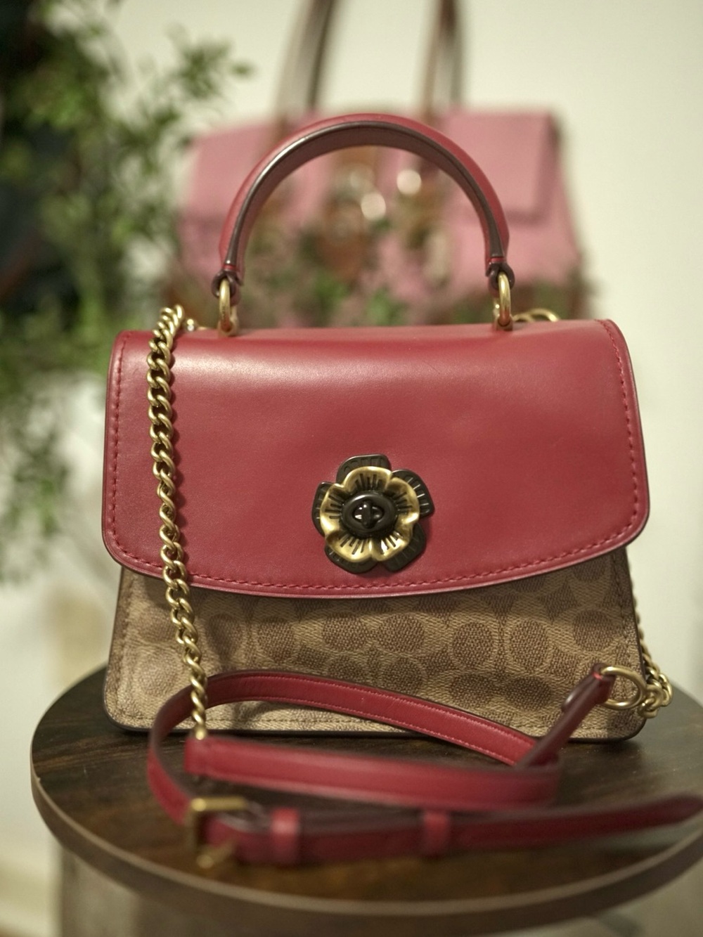 Coach Parker Top Handle Satchel in Signature Canvas with Red Leather Flap